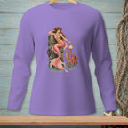 Mermaid with pink tail sitting on a post with an octopus and shells.