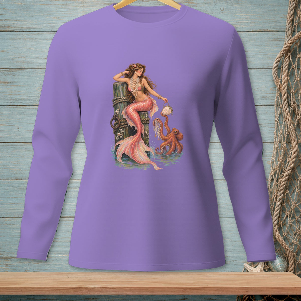 Mermaid with pink tail sitting on a post with an octopus and shells.
