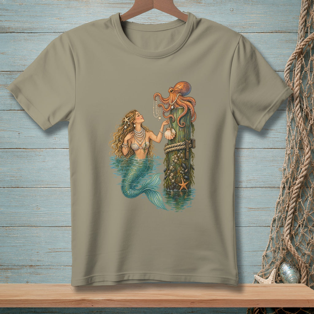 Mermaid with pearls and seashell next to octopus on a barnacle-covered post.
