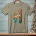 Mermaid with pearls and seashell next to octopus on a barnacle-covered post.