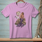 Purple t-shirt with illustration of a mermaid holding wine, a seagull, and a sign that reads "PLEASE HOLD."
