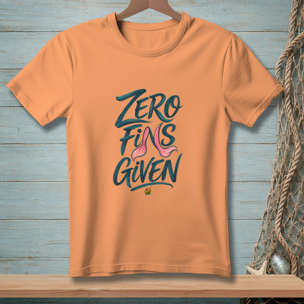 Peach t-shirt with "ZERO FINS GIVEN" text and a mermaid tail graphic.