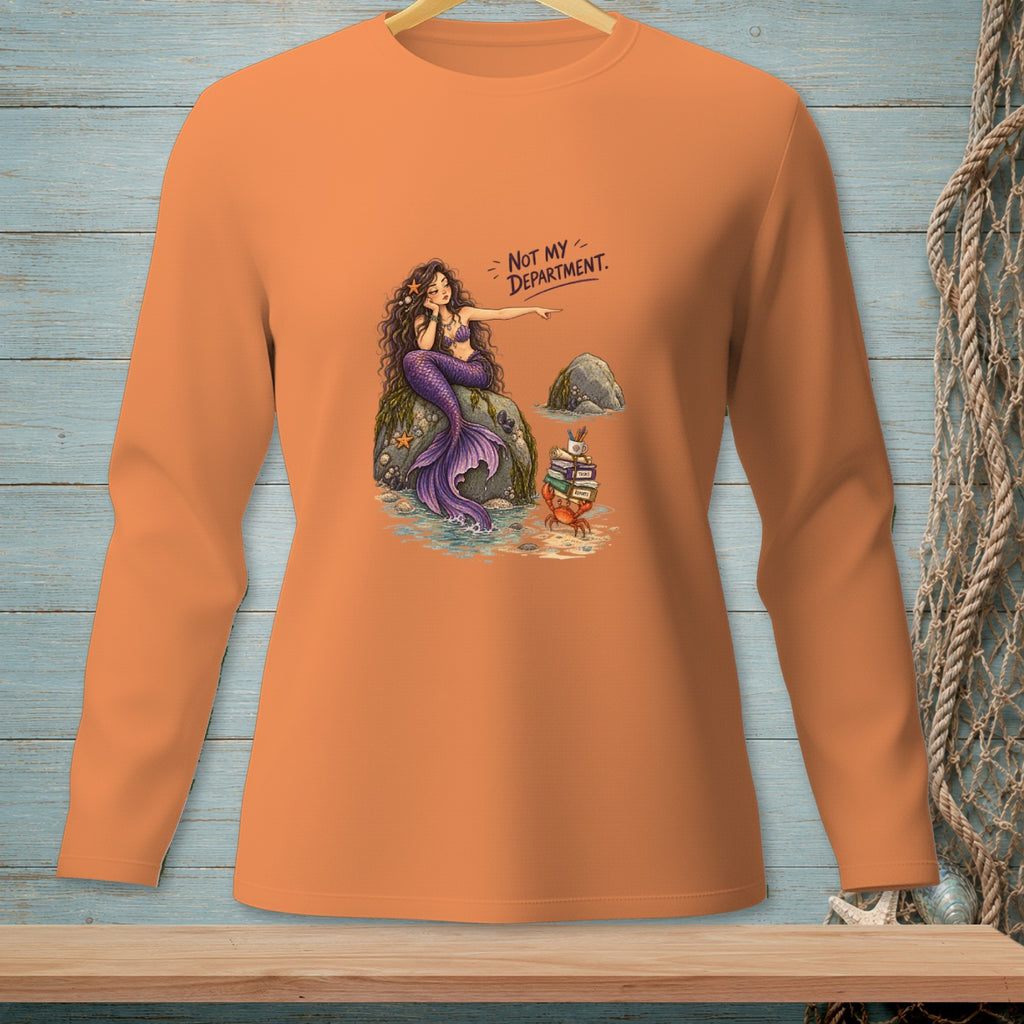 Mermaid pointing to stack of books carried by crab, with text "NOT MY DEPARTMENT."