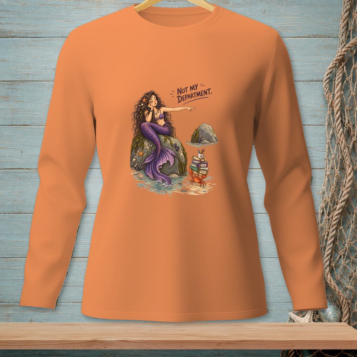 Mermaid pointing to stack of books carried by crab, with text "NOT MY DEPARTMENT."
