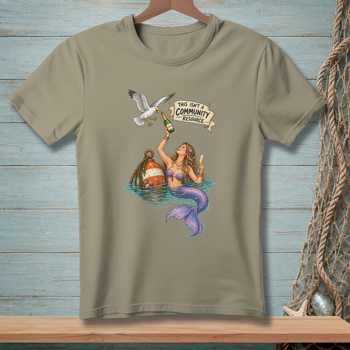Mermaid with champagne and seagull; text reads: This isn't a community resource.