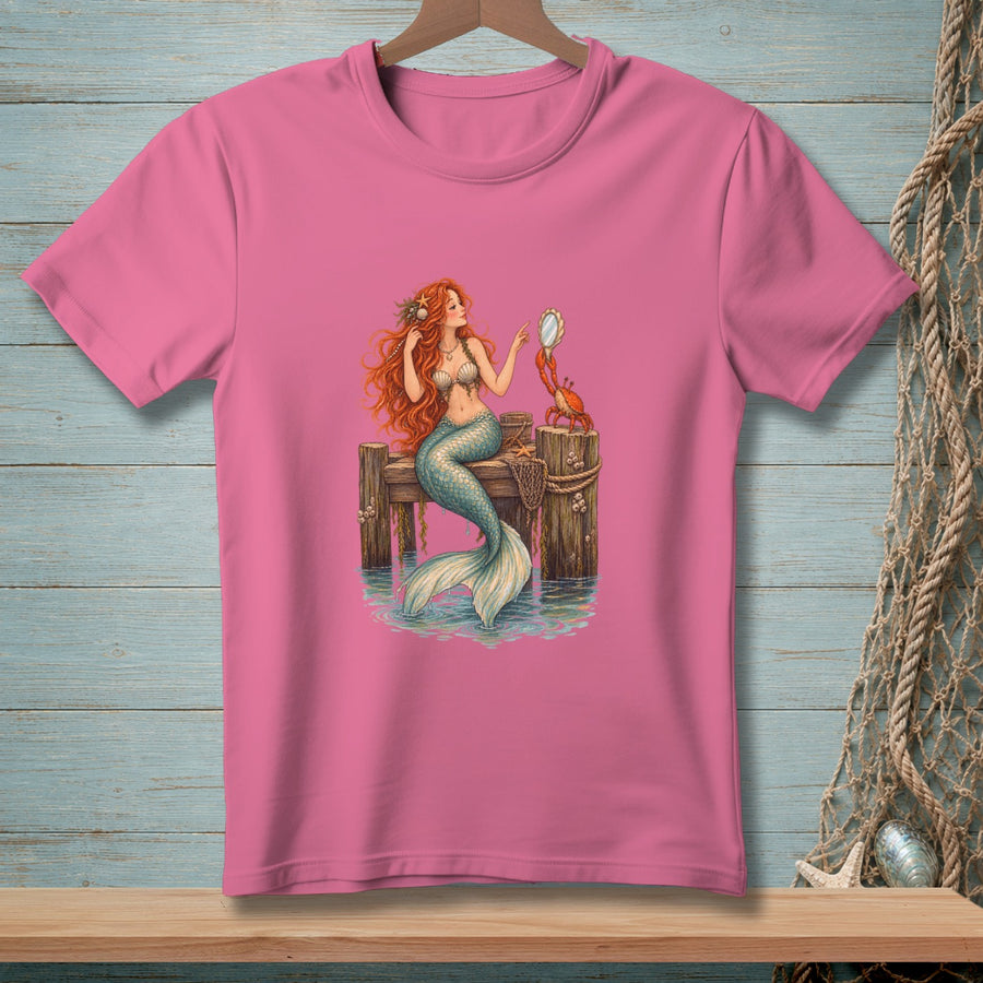 Pink t-shirt with a mermaid and crab on a dock illustration.