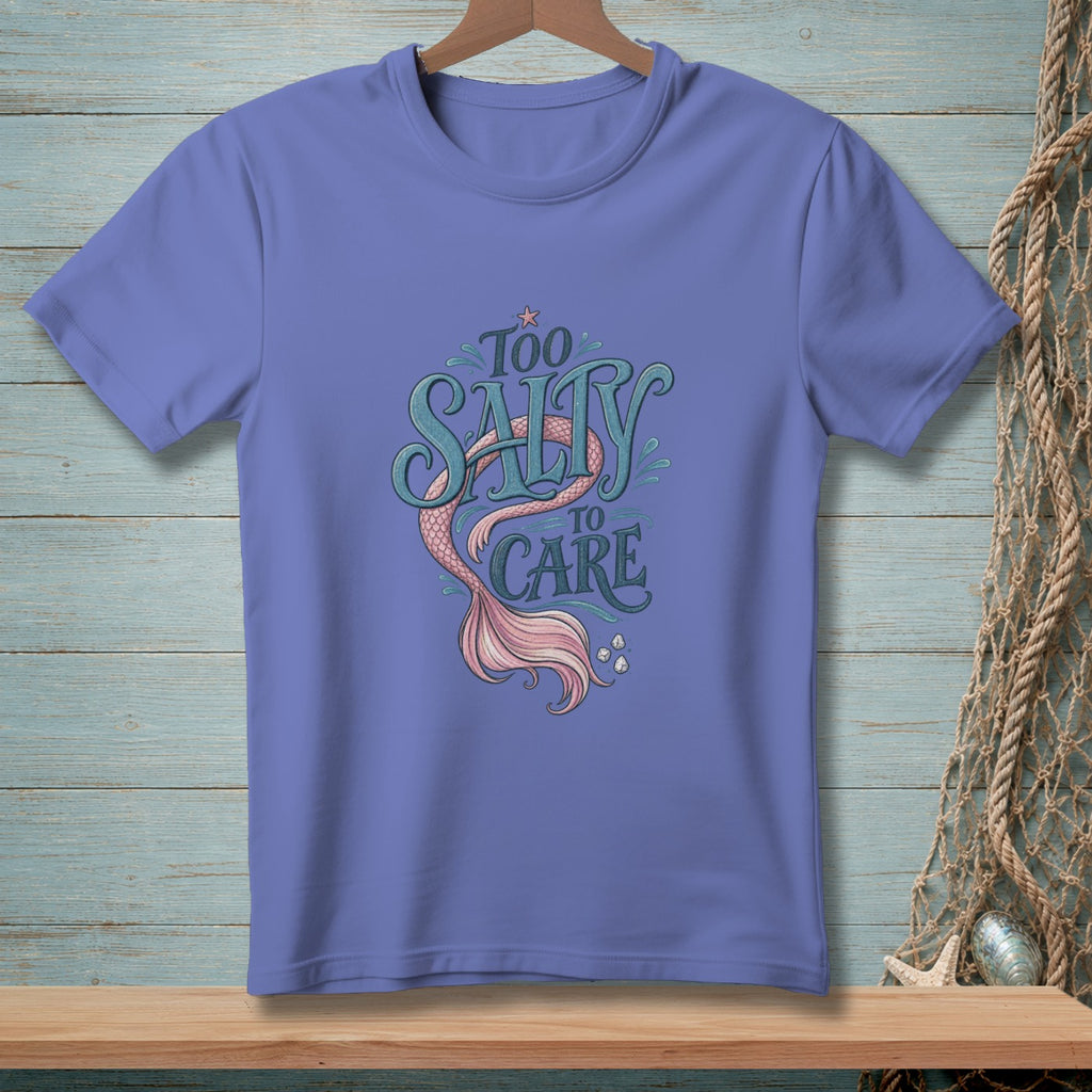 Purple t-shirt with "Too Salty To Care" mermaid tail graphic.