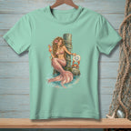 Mermaid with cocktail holding sign "Let Me Stop You There" next to a crab.