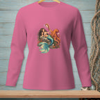 Pink long-sleeve shirt with mermaid and octopus graphic.