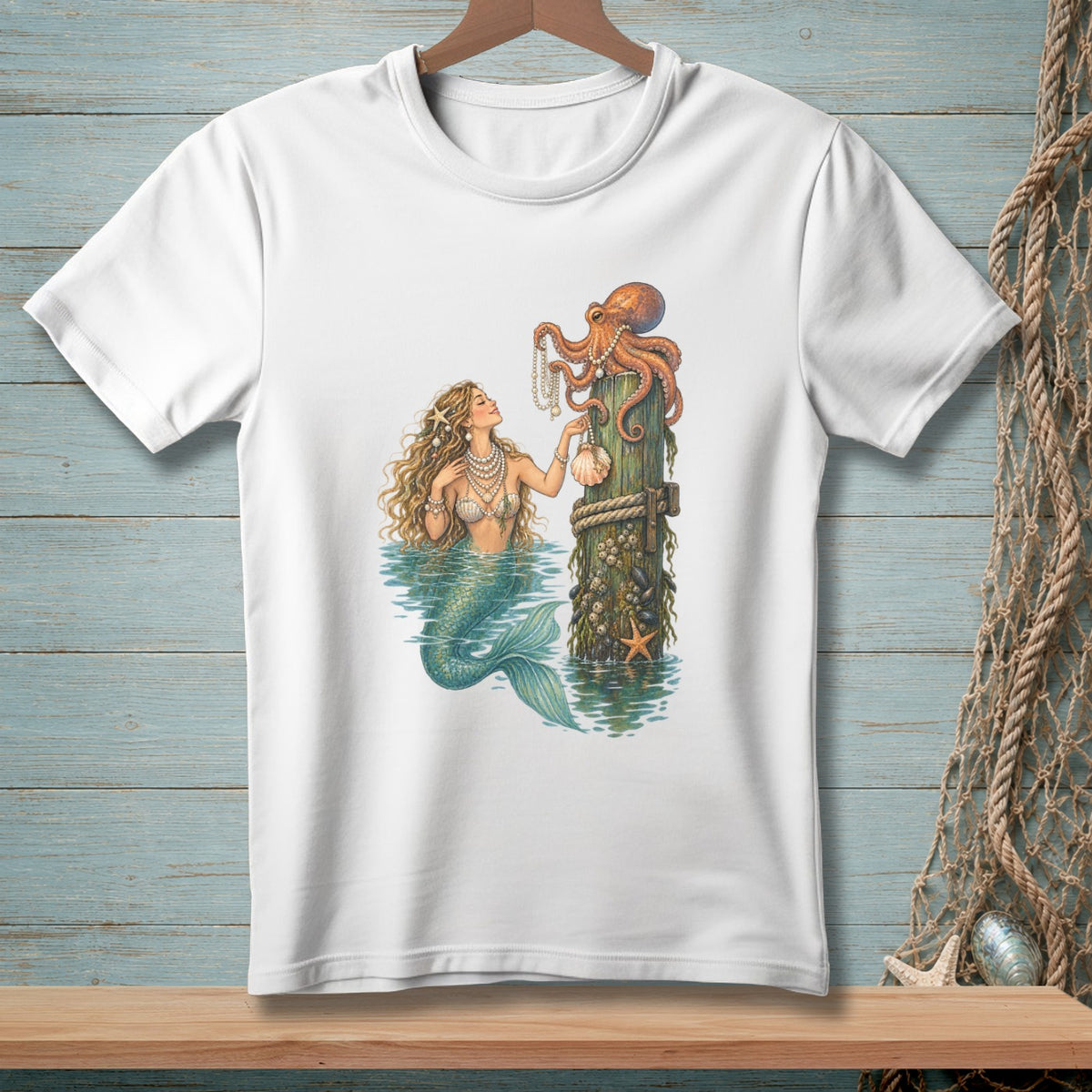 Mermaid with octopus on a wooden post, wearing pearls, in the water.