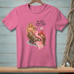 Pink t-shirt with a mermaid pouring champagne, a lobster, and text.