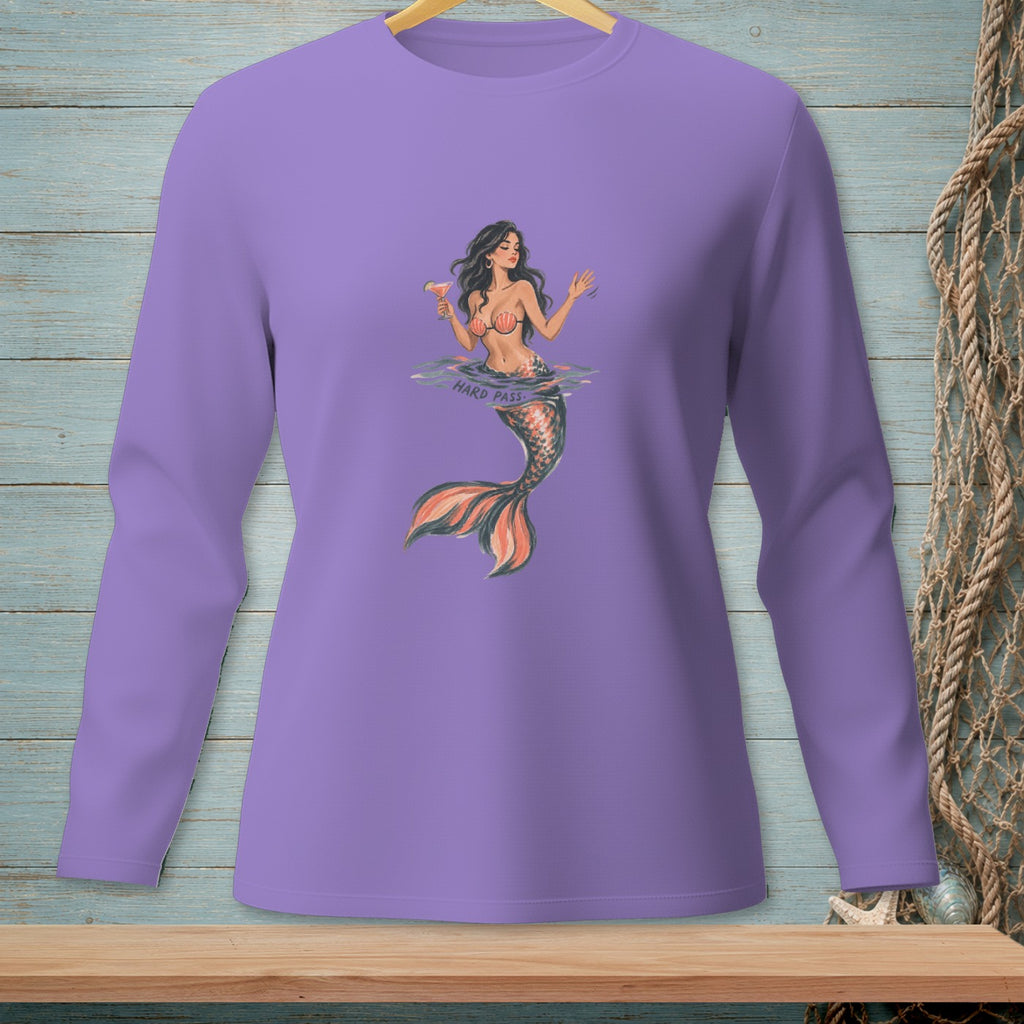Lavender long-sleeve shirt with a mermaid holding a drink, text reads "HARD PASS".