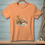Peach t-shirt with a mermaid holding a drink and the text "Plans Changed."