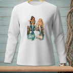 Two mermaids sit on a dock, one pouring wine for the other.