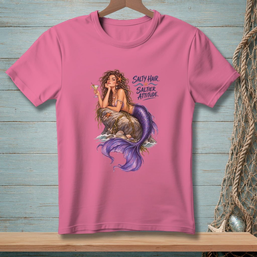 Pink t-shirt with a mermaid illustration and text "Salty Hair. Saltier Attitude."