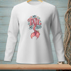 White long-sleeved shirt with "MY TAIL MY RULES" text and pink mermaid tail.