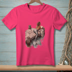 Pink t-shirt with mermaid reading on dock, text "Current Mood."