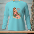 Turquoise long sleeve shirt with mermaid sitting on a rock with crabs and text.