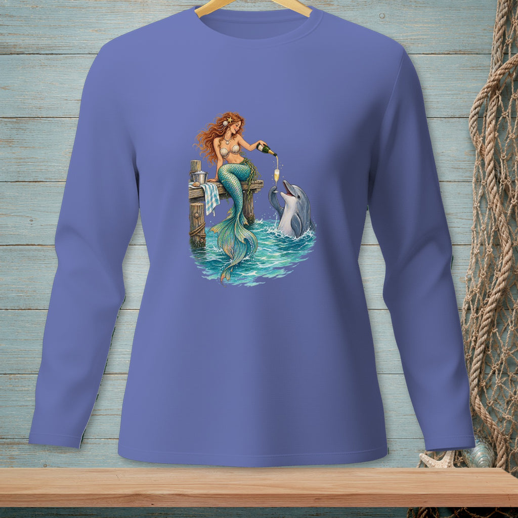 Mermaid pouring champagne for a dolphin at a pier.