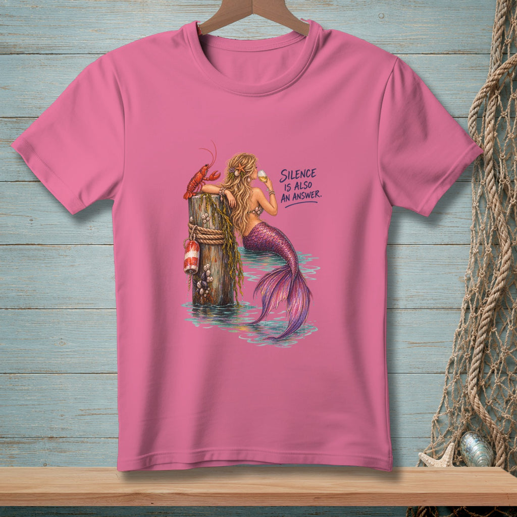 Pink t-shirt with mermaid, lobster, buoy, and text "Silence is also an answer."
