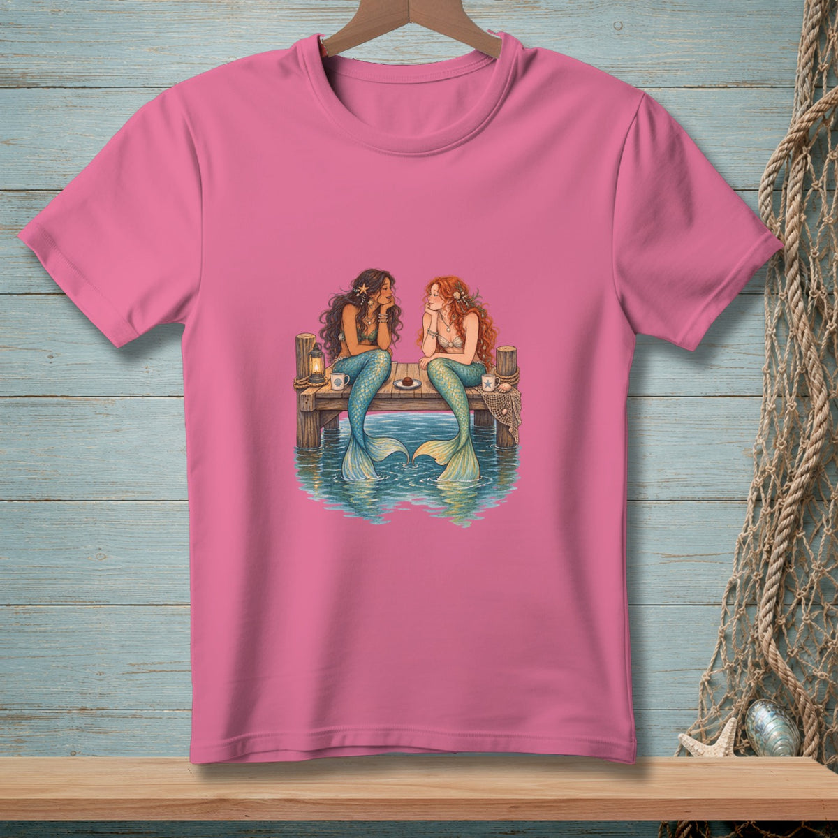 Two mermaids with colorful tails sit on a dock, chatting and looking at each other.