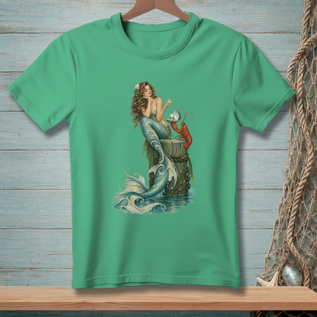 Illustration of a mermaid and lobster on a wooden post with a pearl.