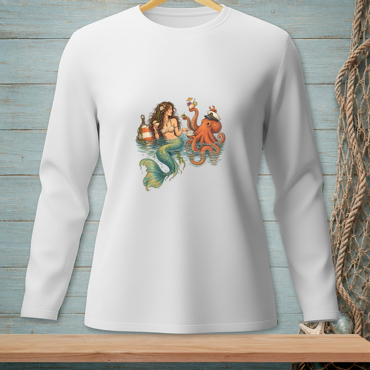 Mermaid and octopus with cocktails and a bottle on a white long-sleeve shirt.