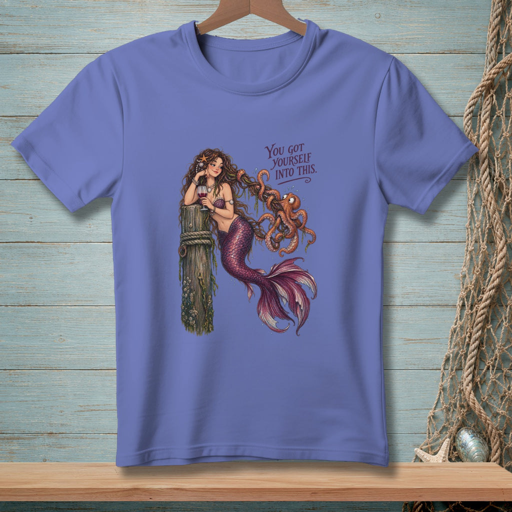 Purple t-shirt with mermaid tangled in octopus and text "You Got Yourself Into This."