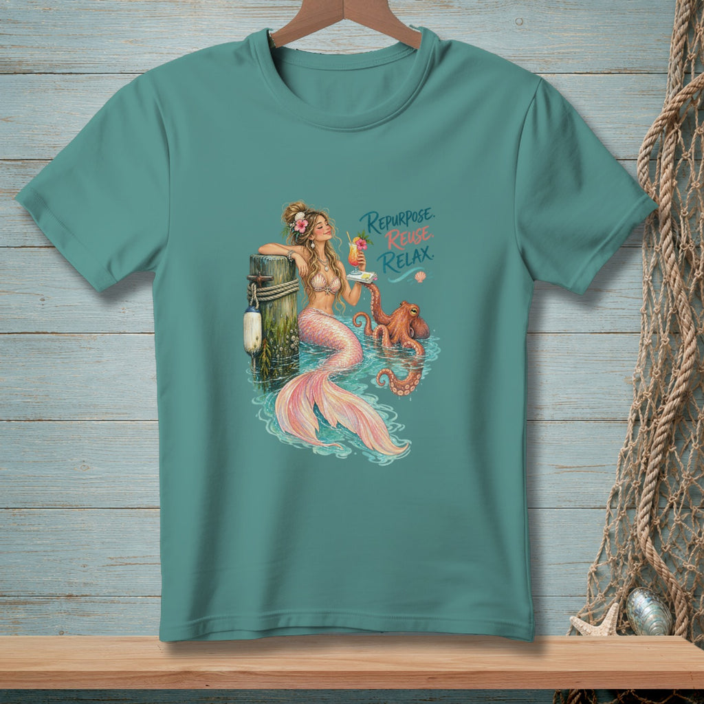 Mermaid with octopus and cocktail, with text "Repurpose. Reuse. Relax."
