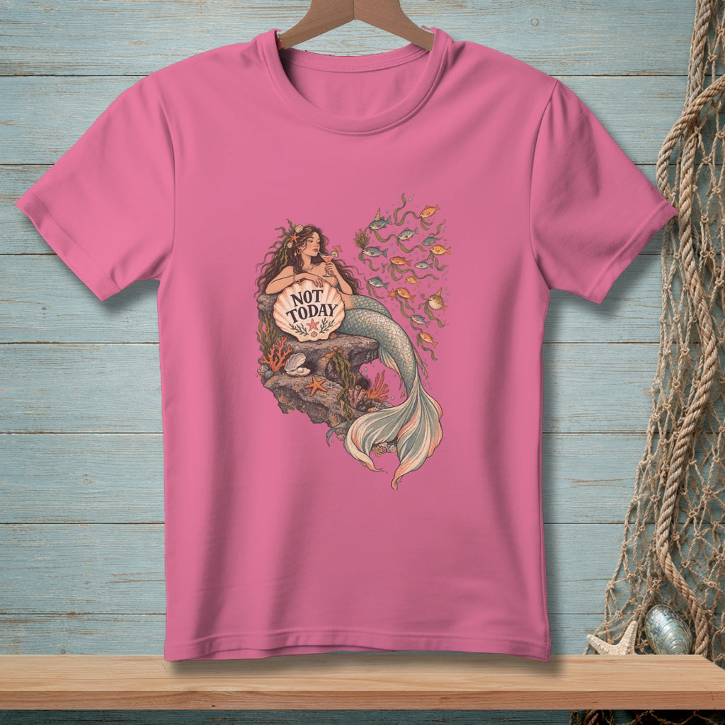 Pink t-shirt with mermaid graphic saying "NOT TODAY" on a seashell.