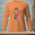 Orange long-sleeve shirt with a mermaid holding a drink and text "It's called ocean volume."