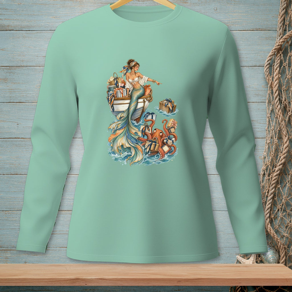 Mermaid with octopus and gifts on a boat in the water.