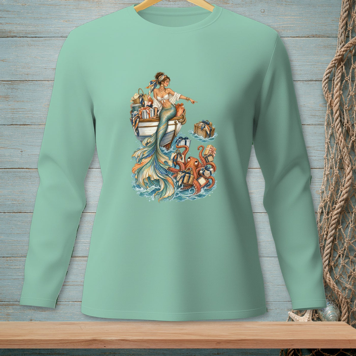 Mermaid with octopus and gifts on a boat in the water.
