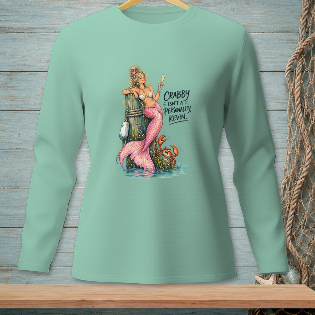 Mermaid and crab graphic with text "Crabby Isn't A Personality, Kevin."