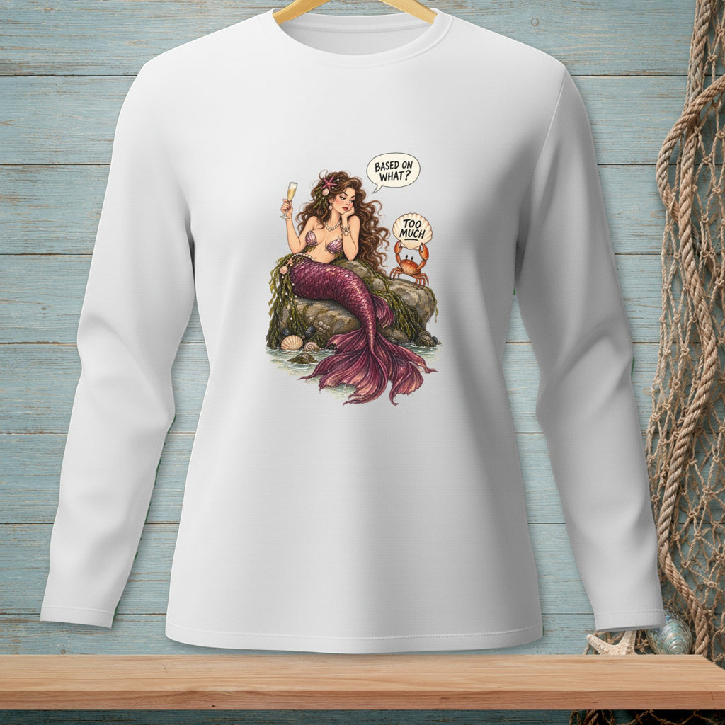 Mermaid holding champagne, a crab with "Too Much" speech bubble, on shirt.