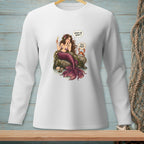 Mermaid holding champagne, a crab with "Too Much" speech bubble, on shirt.
