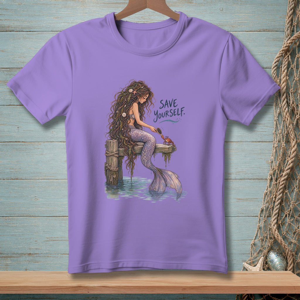 Mermaid on dock with crab, "SAVE YOURSELF" text.