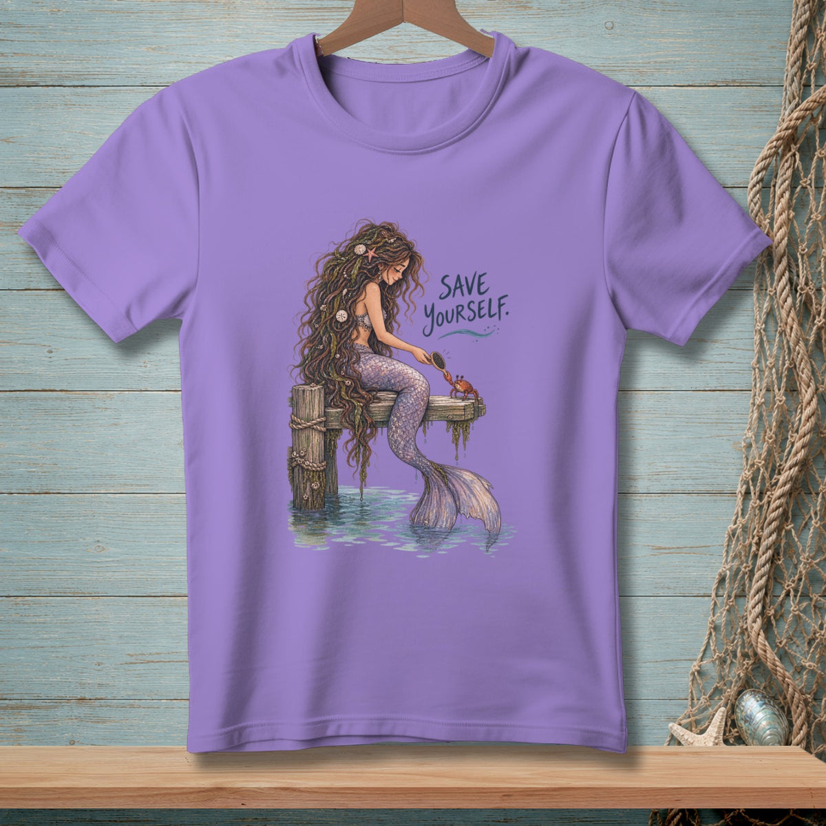 Mermaid on dock with crab, "SAVE YOURSELF" text.