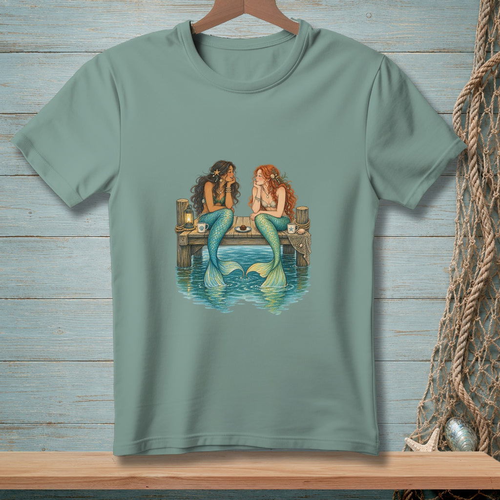 Two mermaids with turquoise tails sit on a pier, talking over coffee cups.