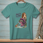 Teal t-shirt with mermaid illustration and "Talk to the Tail" text.