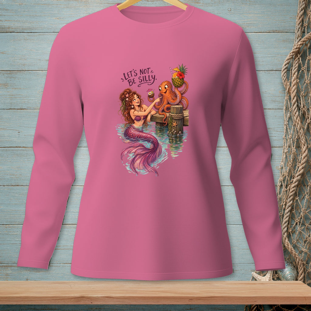 Mermaid and octopus on dock with drinks, text "Let's not be silly".