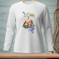 Mermaid with champagne and seagull on white long sleeve shirt, text "This isn't a community resource".