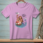 Mermaid with a bottle on a buoy, with a seagull and text "DON'T MAKE THIS WEIRD".