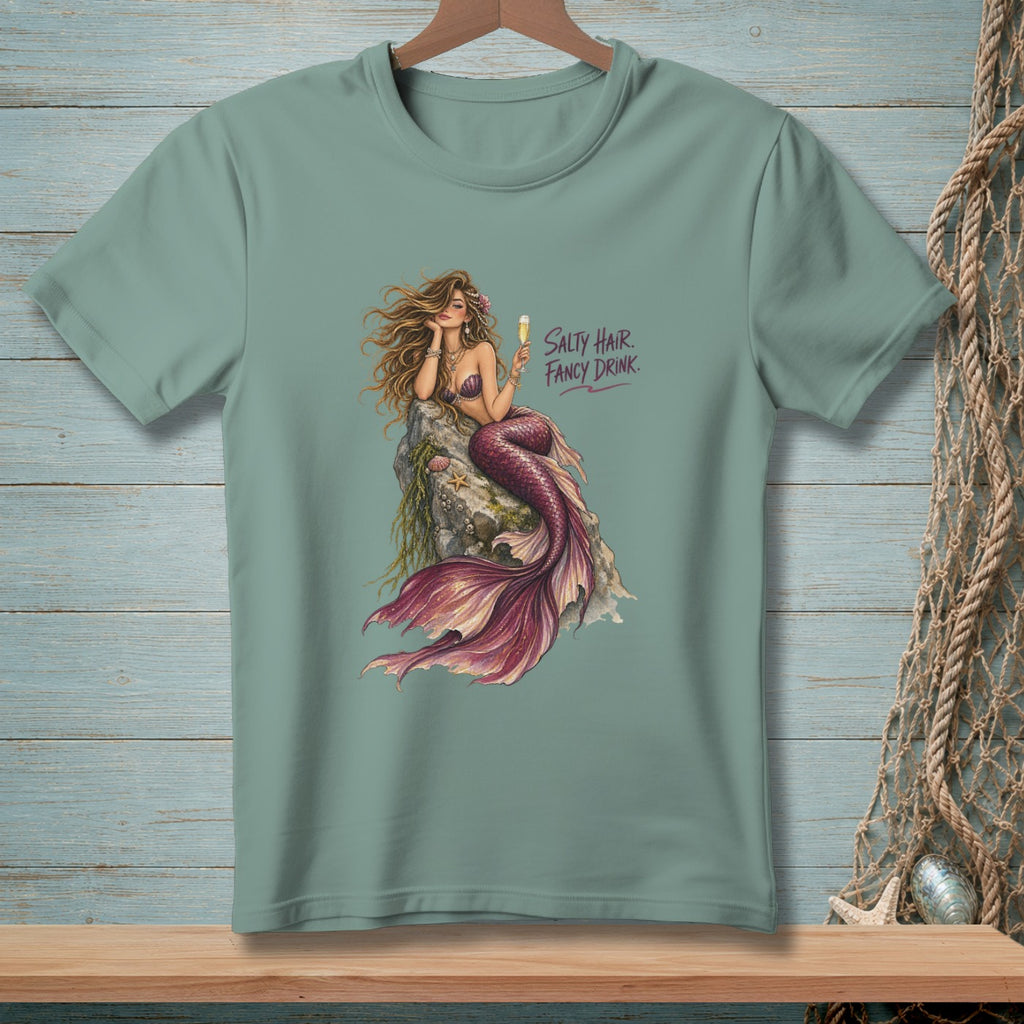 T-shirt with mermaid illustration and text "Salty Hair. Fancy Drink."