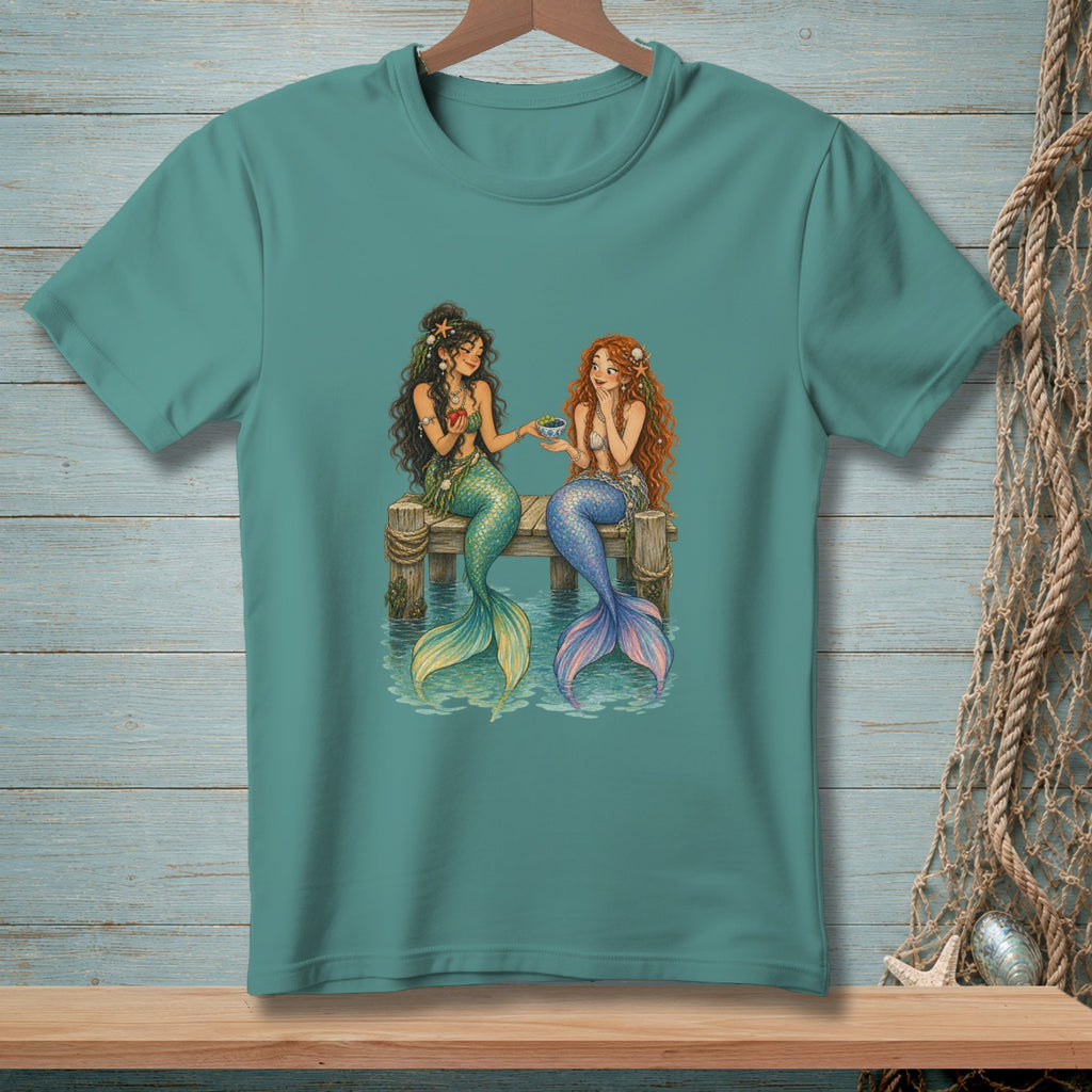 Two mermaids sit on a wooden pier, sharing a bowl of berries.