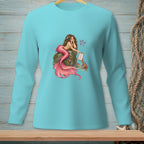 Turquoise long-sleeve shirt with a mermaid and crab design.