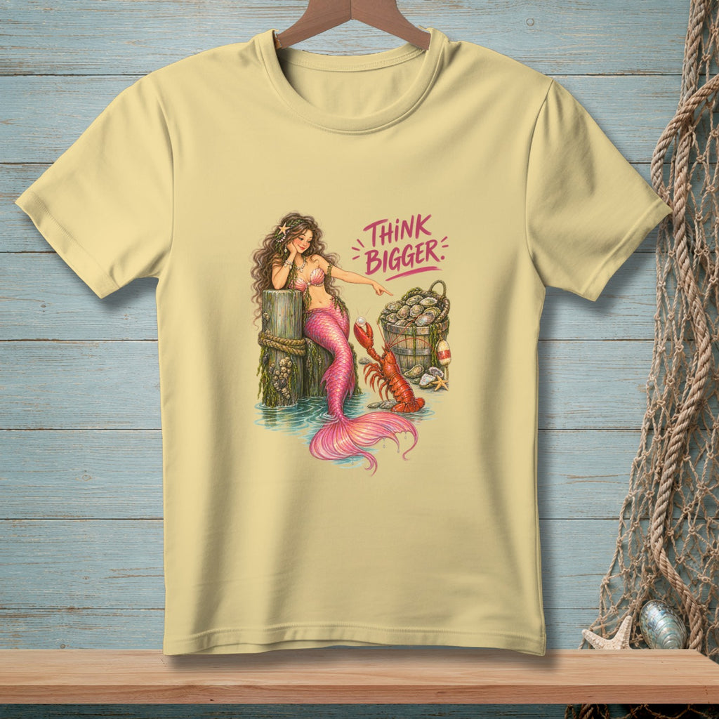Yellow t-shirt with mermaid, lobster, oysters, and "Think Bigger" text.