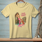 Yellow t-shirt with mermaid, lobster, oysters, and "Think Bigger" text.
