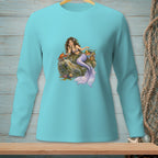 Mermaid with purple tail sitting on rock with crabs and picnic basket.