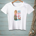 White t-shirt with a graphic of a mermaid and crab and the text "Talk to the tail, crabcake."